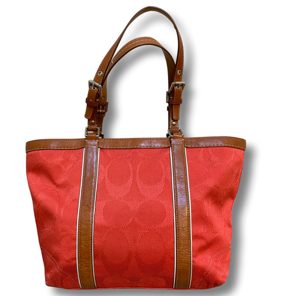 SOLD! COACH Coral Signature Canvas Zip Top Tote w/Brown Leather Trim F13560 - Picture 2 of 12